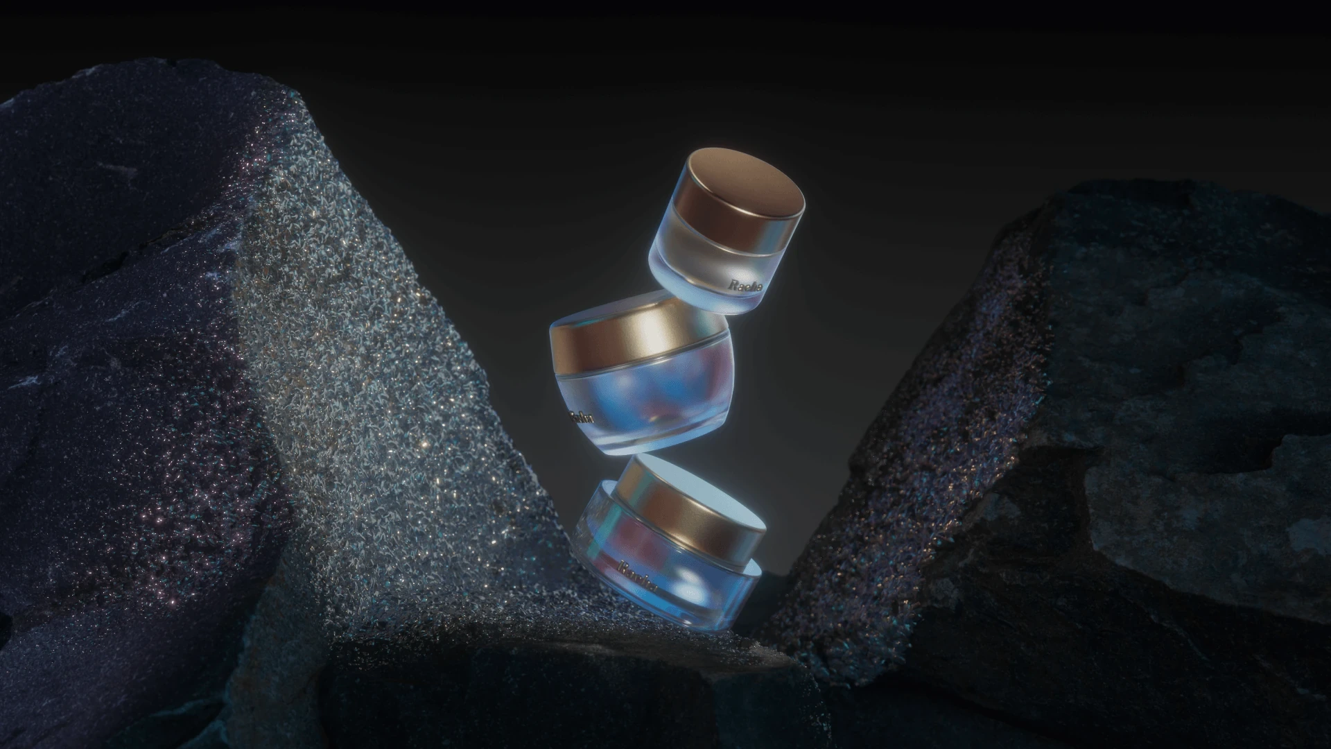 Three iridescent Raeha cream jars with gold lids stacked mid-air between glittering dark rock formations