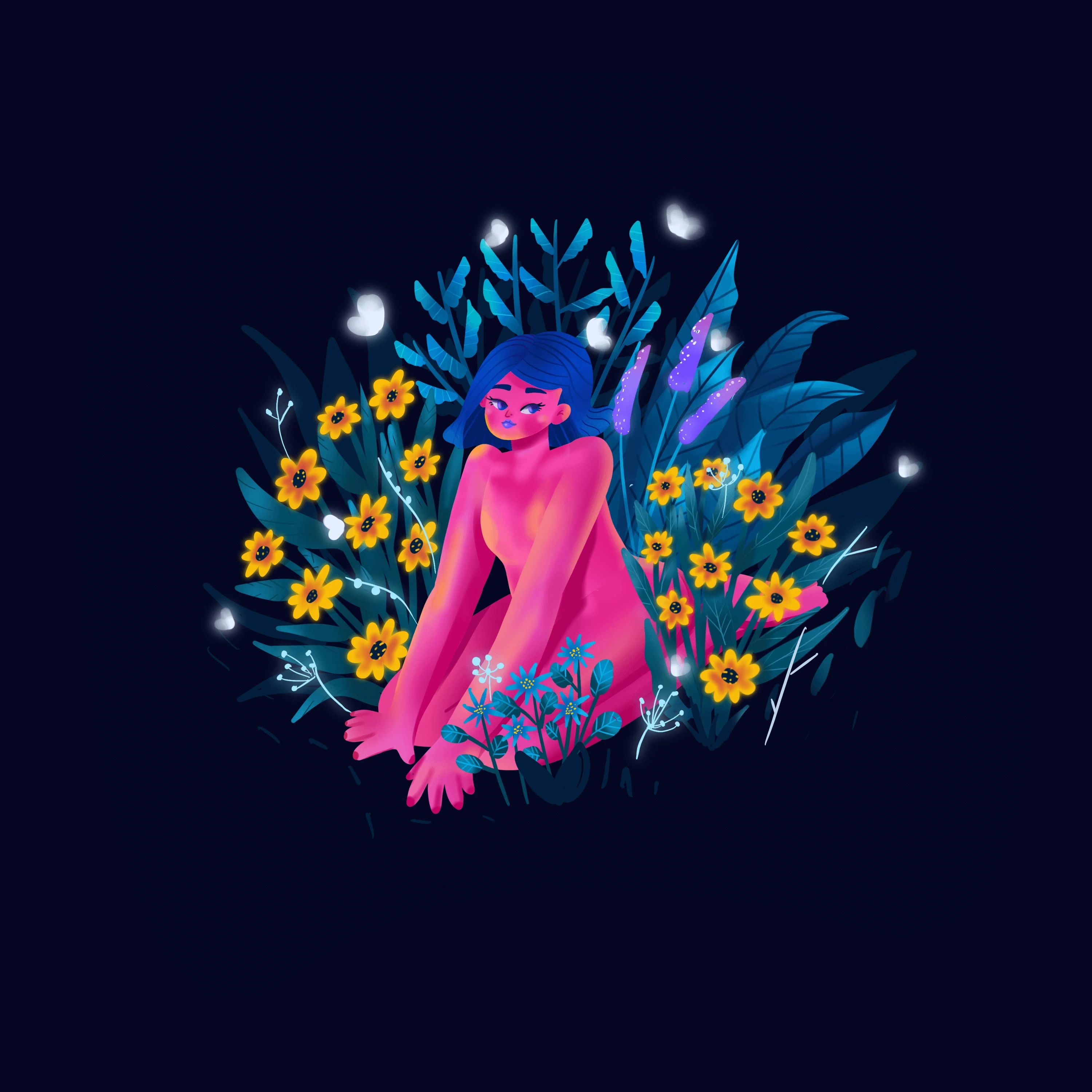 Pink-skinned woman with blue hair kneeling among glowing yellow flowers, teal leaves, and white butterflies