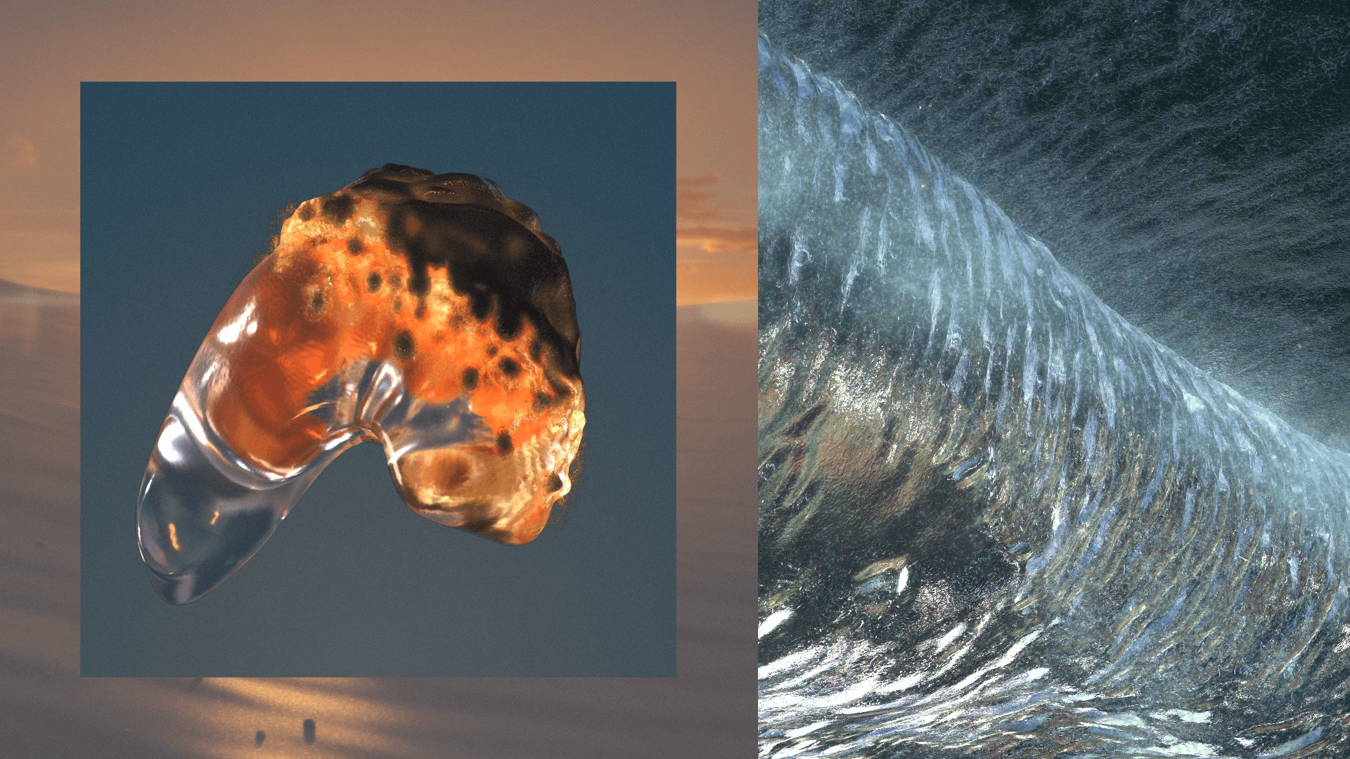 Split 3D render pairing a translucent amber ambergris lump at sunset with a cresting silvery ocean wave