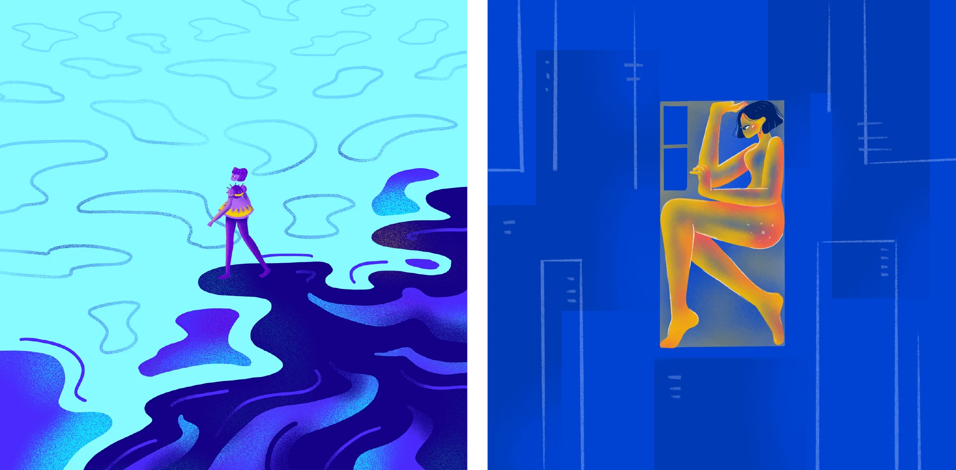 Two blue-toned scenes: a tiny figure on inky spilled water, and an orange nude curled in a building window