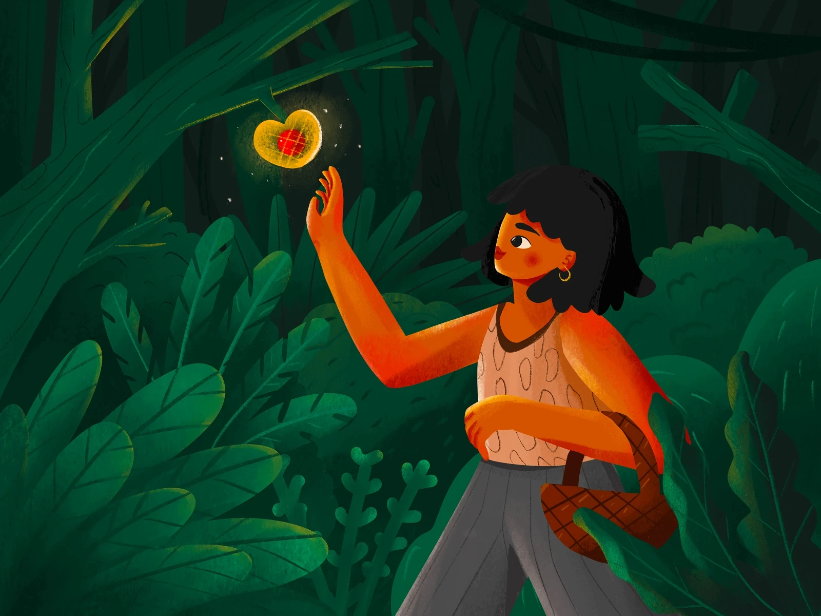 Dark-haired woman with a basket reaching for a glowing heart-shaped fruit in a lush green forest