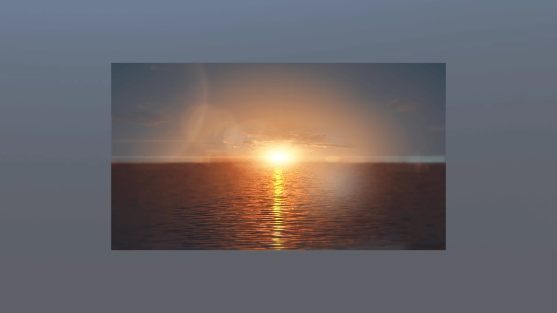 Rendered golden sunset over calm rippling ocean, warm light reflecting across the water toward the horizon