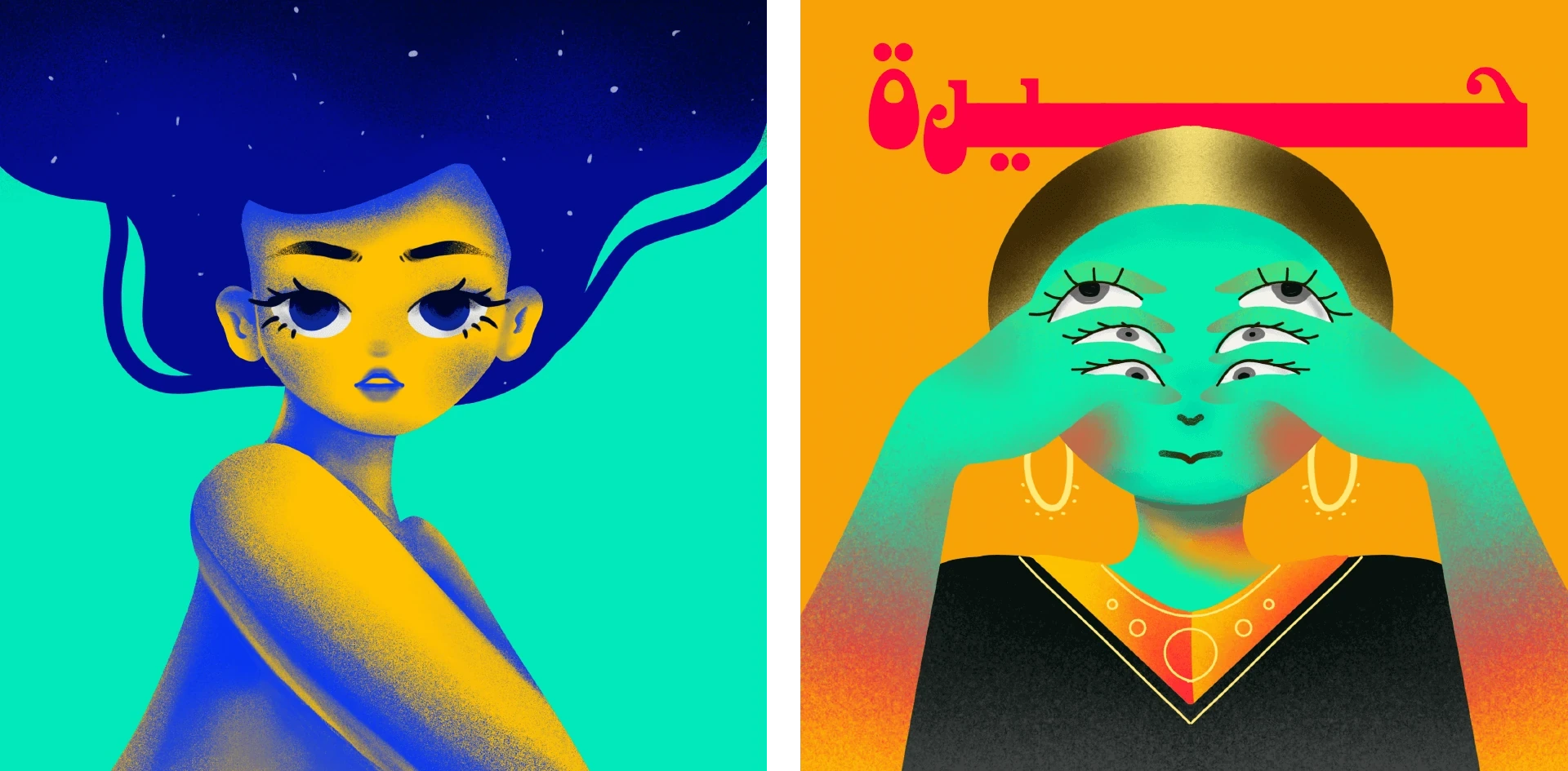 Two vivid portraits: a girl with starry blue hair on teal, and a six-eyed green face beneath red Arabic lettering