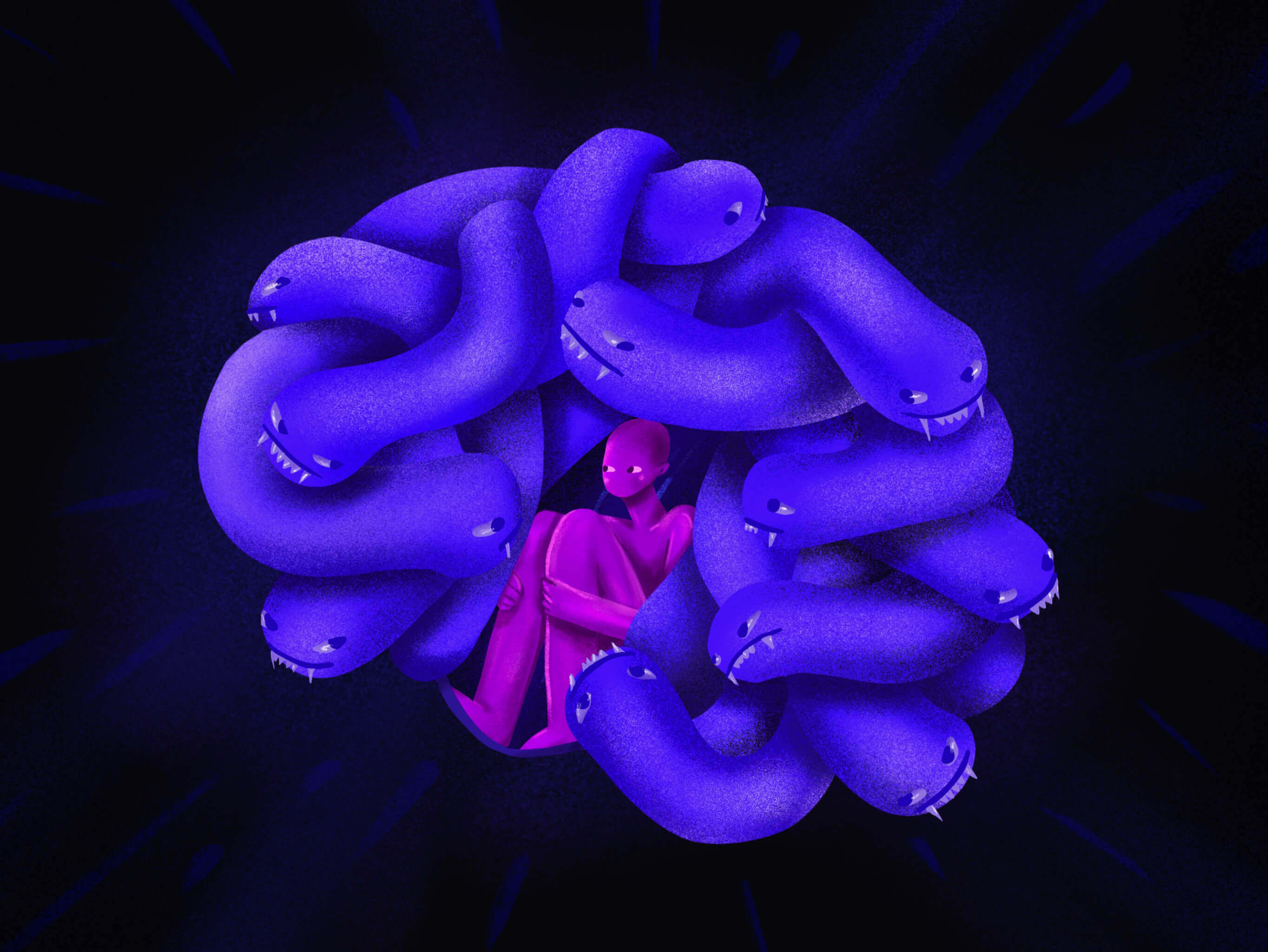 Magenta figure hugging its knees inside a coil of fanged purple serpent creatures on black