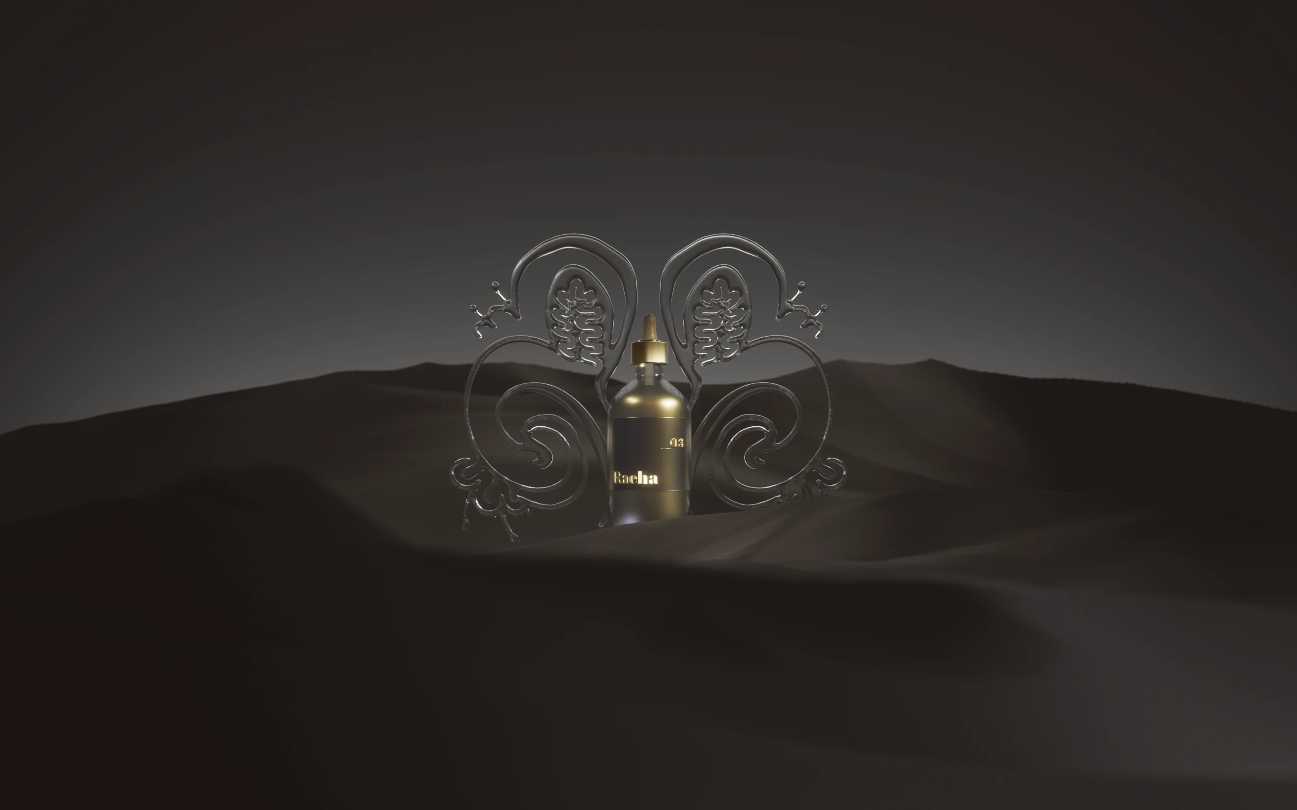 Gold Raeha serum bottle nestled in shadowy dunes flanked by symmetrical liquid flourishes like butterfly wings