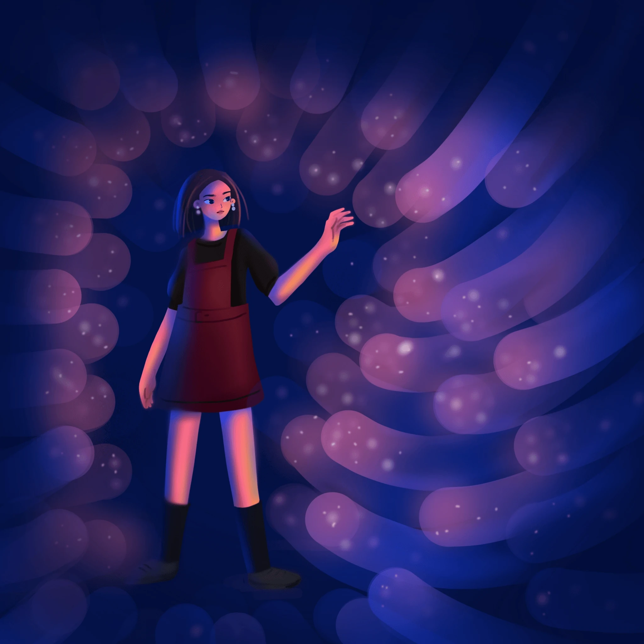 Girl in a red pinafore dress reaching toward glowing pink tendrils of light in deep blue darkness