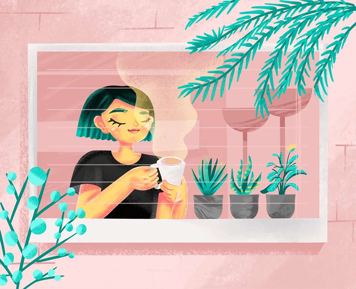 Green-haired woman savoring steaming coffee at a pink-walled window lined with potted succulents