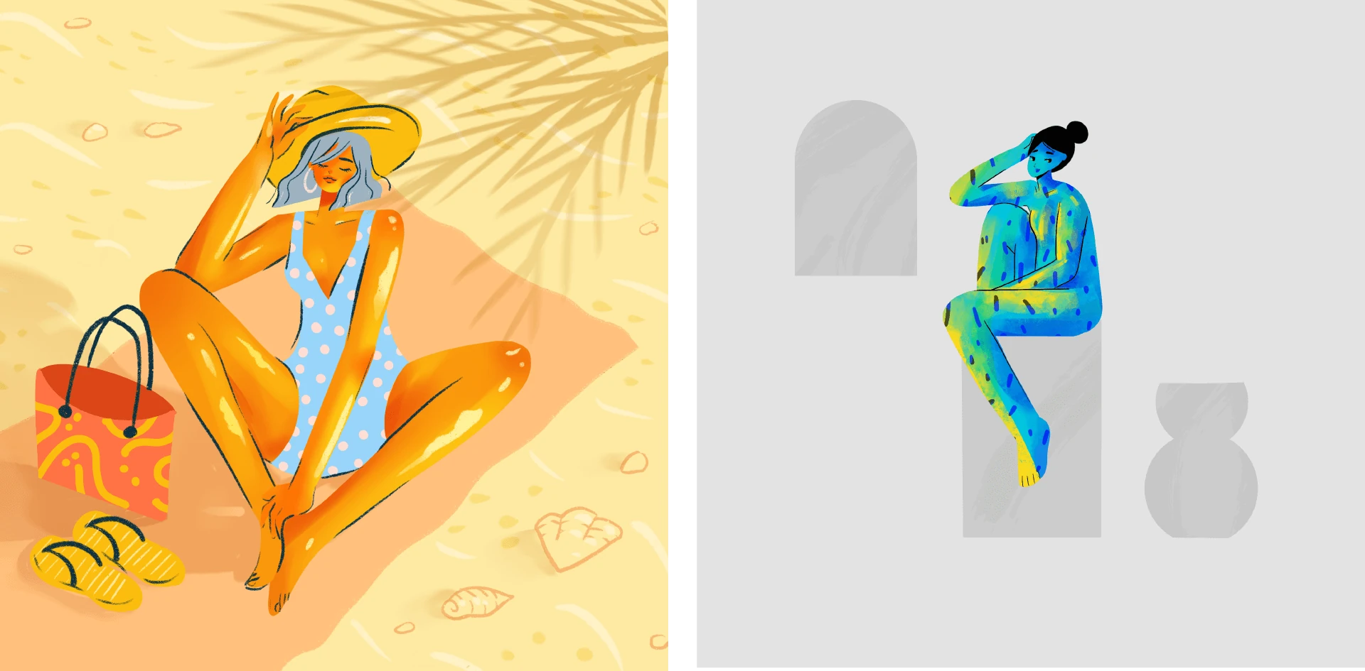Two seated women: one sunbathing in a polka-dot swimsuit on golden sand, one blue-speckled on minimal grey blocks