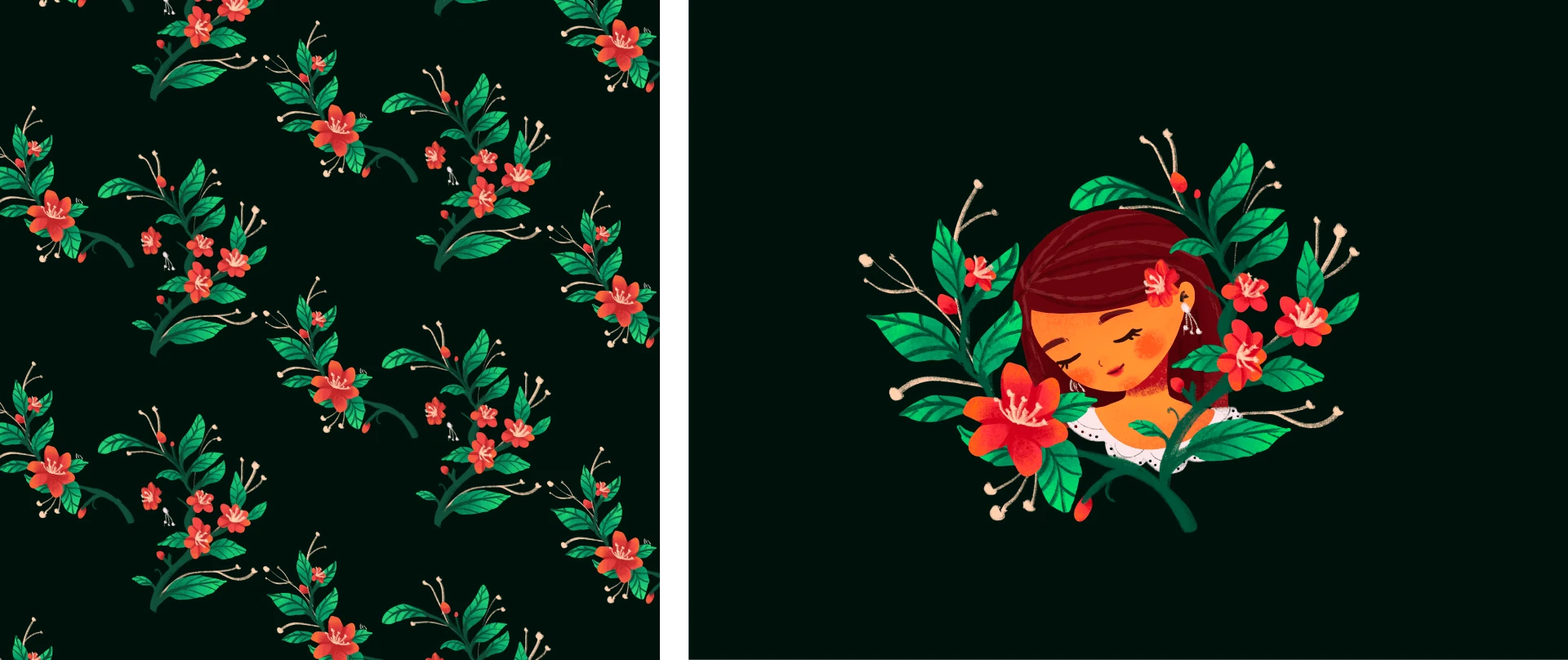 Repeating red blossom pattern on dark green, paired with a rosy-cheeked girl nestled among the same flowers