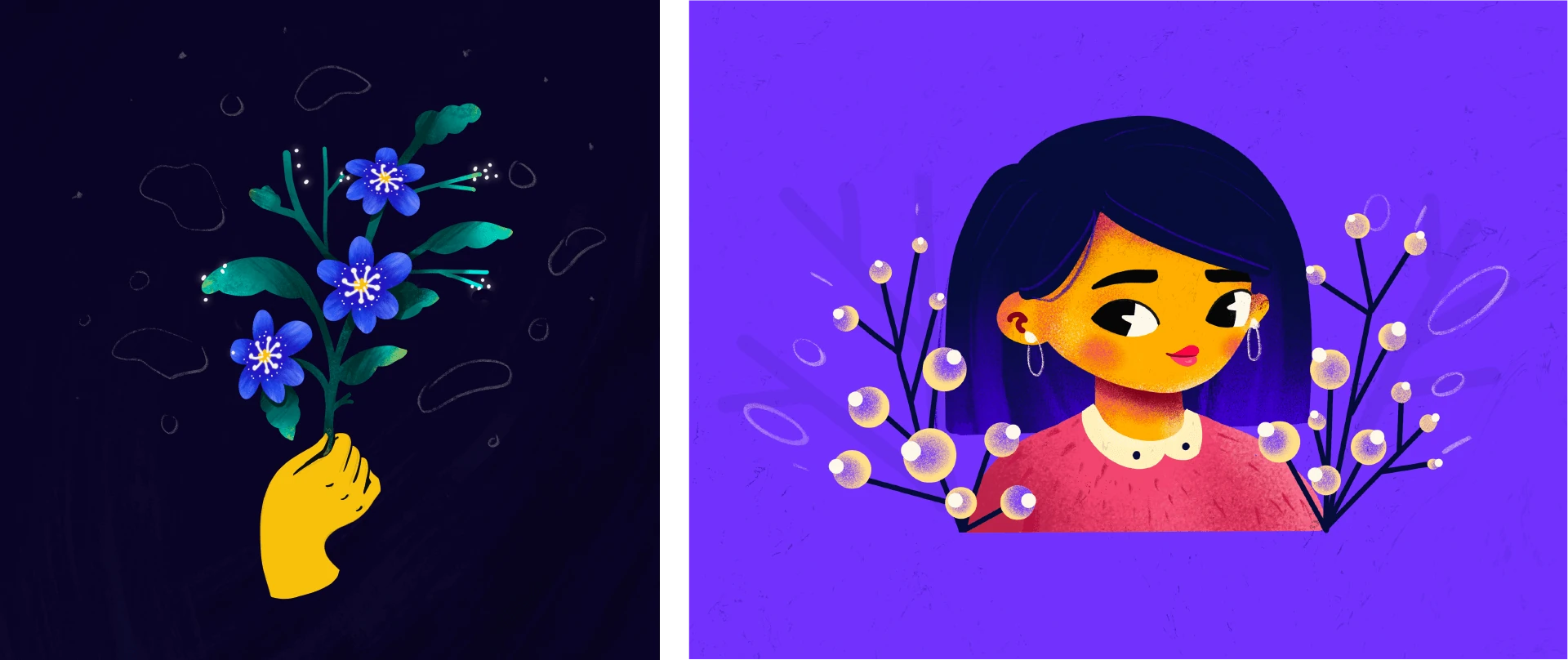 Yellow hand offering glowing blue flowers, next to a dark-haired girl framed by pale berry branches on violet